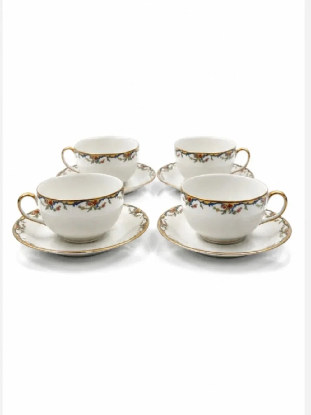 Set of 4 Limoges France Vignaud Tea Cups & Saucers Floral Gold Trim China